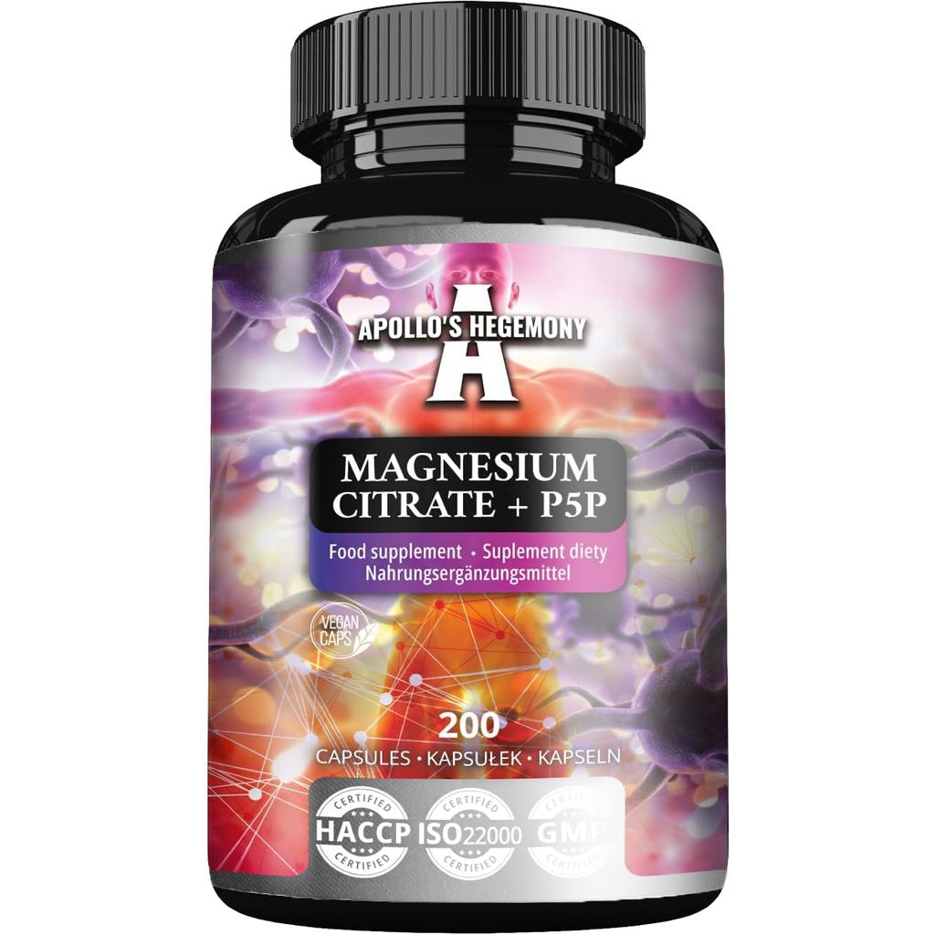 Magnesium Citrate 120mg+Vitamin B6 (P-5-P) 5mg, 200 แคปซูลมังสวิรัติ, Dosage 6 เดือน, Magnesium-Apol