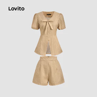 (New Arrival) Lovito เสื้อหรือกางเกงแบบผูกเอวสุดหรูหรา สไตล์รีสอร์ทลําลอง สําหรับฤดูใบไม้ผลิ/ฤดูร้อน สีคากี L196ED150