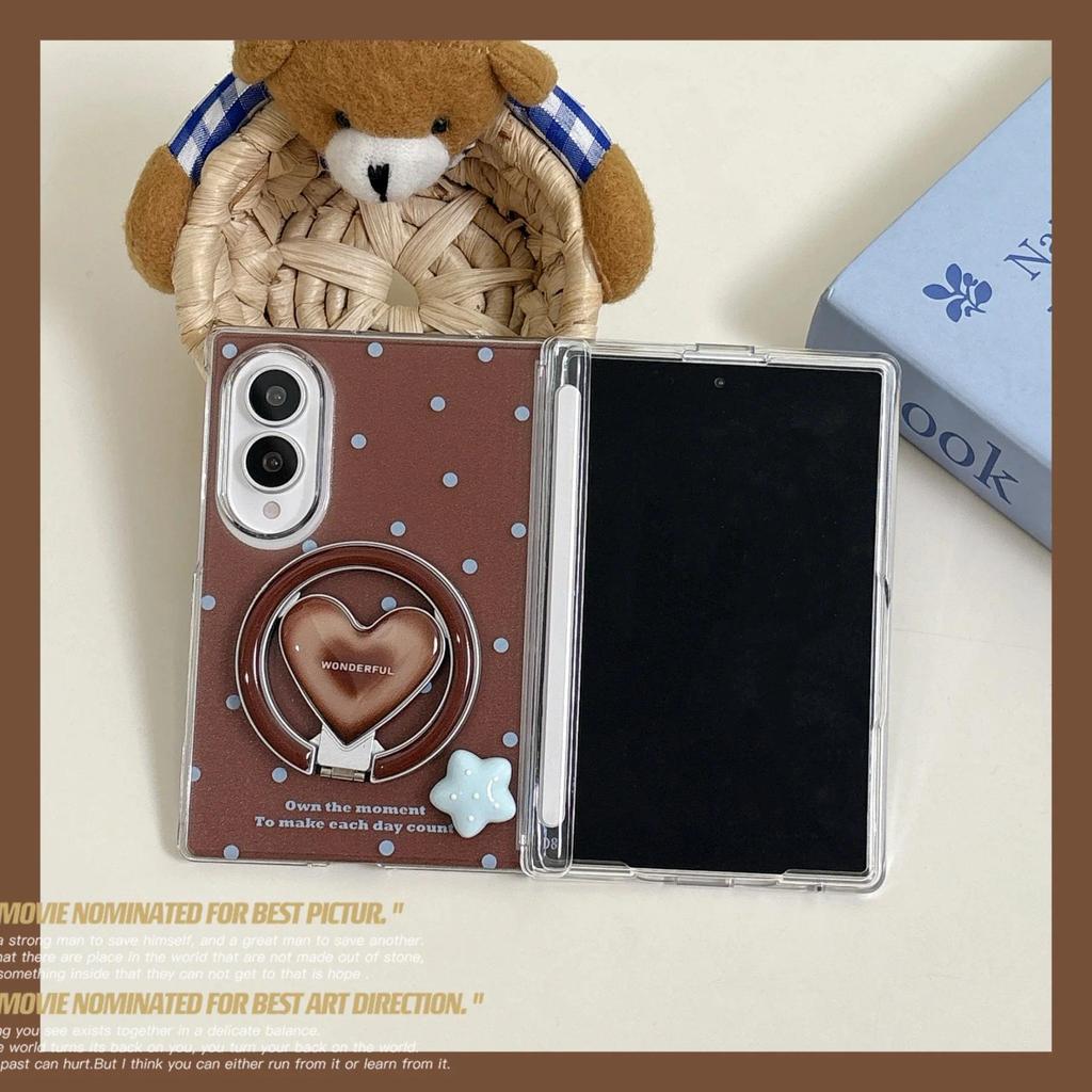หรูหรา Dual Magnetic 3D Star Polka Dots กรณีสีน้ําตาล Love Heart Bracket สําหรับ Samsung Galaxy Z พับ 8 กว้าง Z พับ 8 ปกหลัง