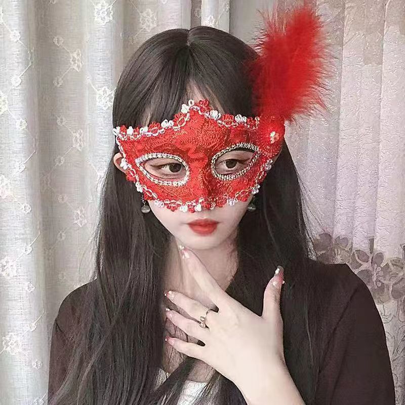 万圣节艾莎公主面具羽毛高级半脸化妆舞会儿童舞台演出道' 具Children's Mask Ball Girl Festival Dress Up Half Face Mask Halloween Ma