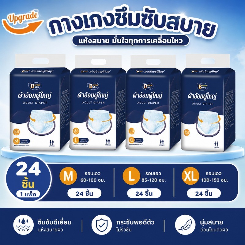 COD กางเกงผ้าอ้อมผู้ใหญ่ ซึมซับดี แห้งสบาย ป้องกันการรั่วซึม ระบายอากาศได้ มีไซส์ผู้ชายผู้หญิง M L XL 24 ชิ้น