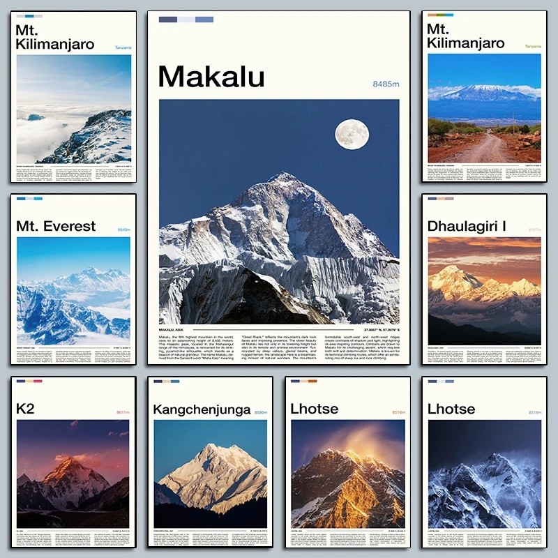 ภูเขาที่มีชื่อเสียง Range Mount Kilimanjaro โปสเตอร์ Mount Everest K2 ภาพพิมพ์ผ้าใบภาพวาดภาพผนังหน้า