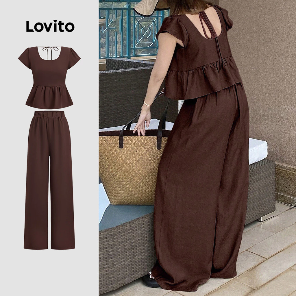 (แคชชวล) Lovito เสื้อผ้าสบาย ๆ แบบบอบเบี้ยวด้านหลังสำหรับฤดูใบไม้ผลิ/ฤดูร้อน สตรี L143ED854