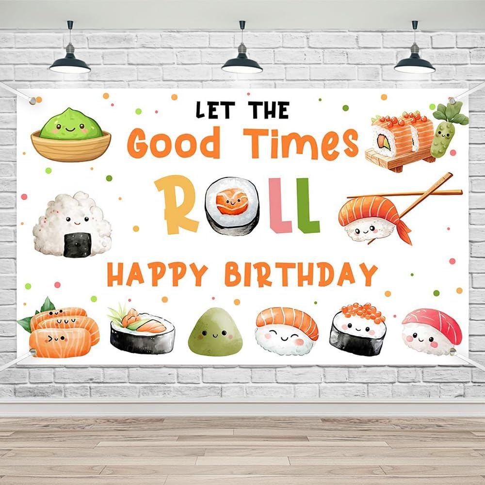 Lofaris Sushi Happy Birthday Banner สําหรับเด็ก – 70.8 x 43.3 นิ้ว Kawaii Sushi Party Supplies, ญี่ป
