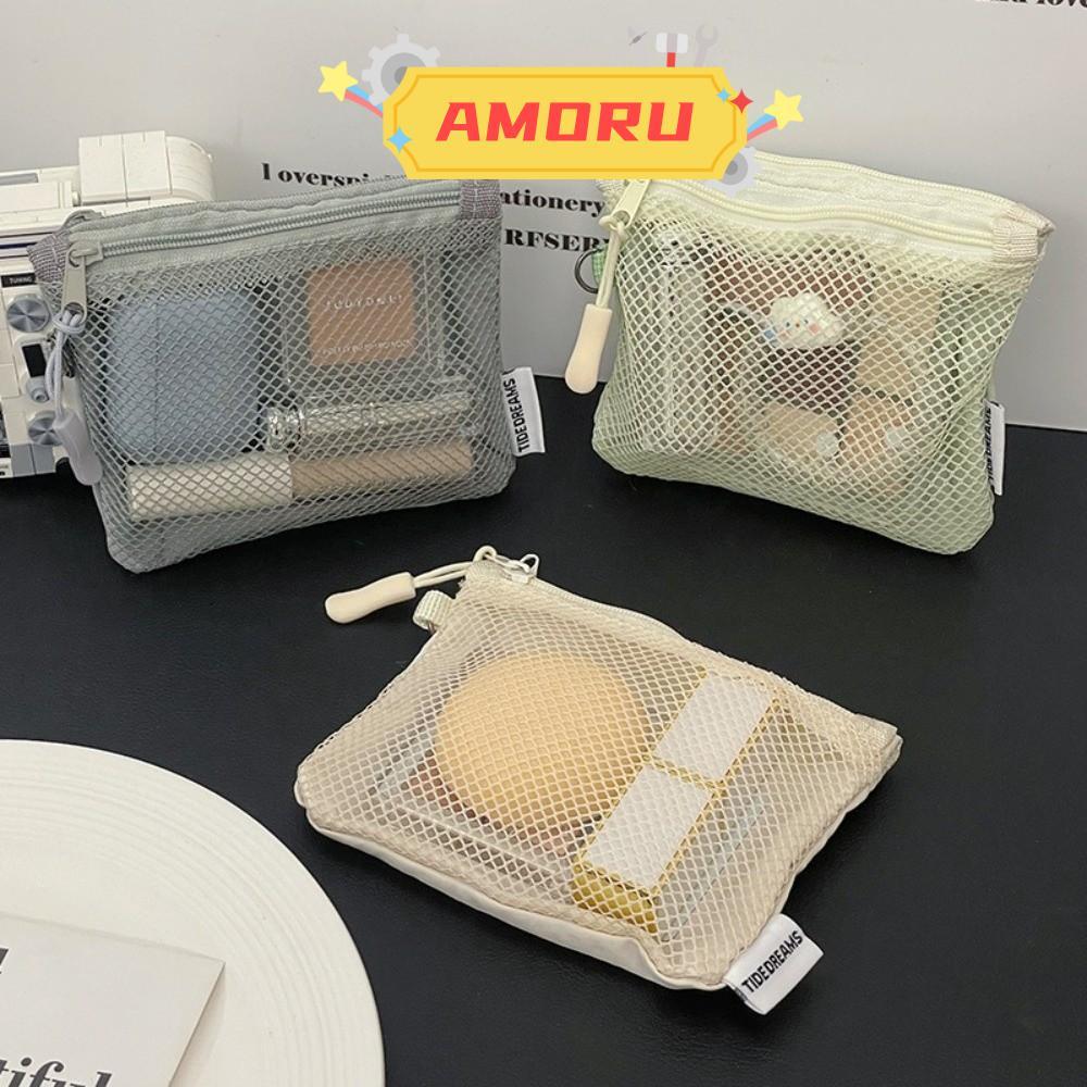 AMOR12U7 กระเป๋าใส่เหรียญเด็ก,ซิปคู่สีทึบ Mini Storage Bag, Square Mesh Portable ลิปสติกหูฟัง Key Po