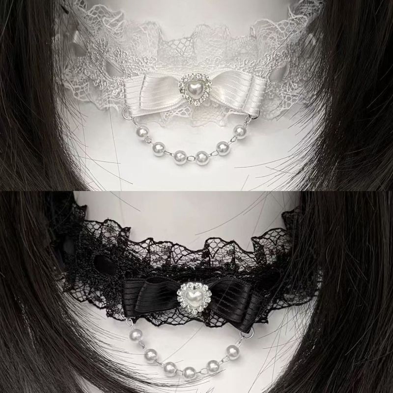 原创蝴蝶结项链女Lolita珍珠日系Chocker蕾丝项圈小物脖颈配* 饰Lace Bow Choker Necklace Lolita Collar Lolita Necklace Collarbo