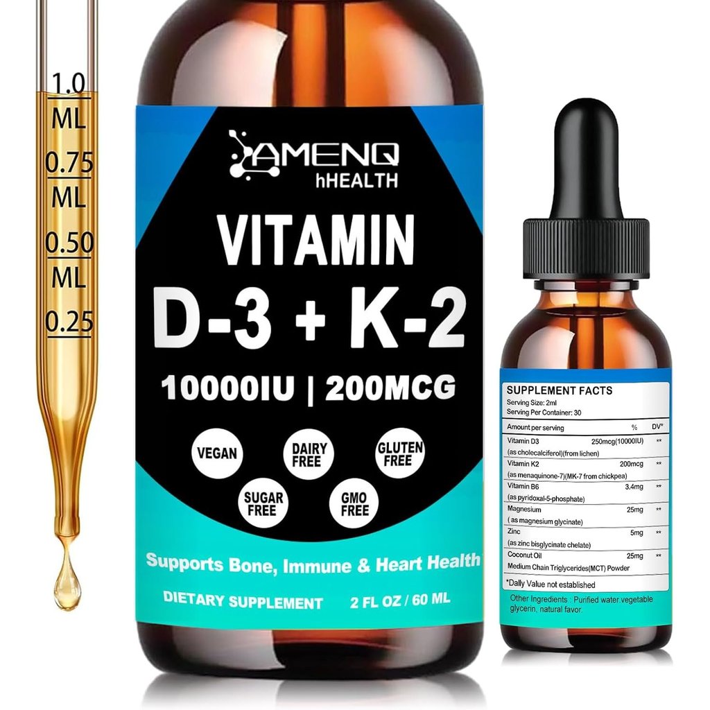Vitamin D3 K2 Liquid Drops-D3 K2 Vitamin 10000 iu Supplement w/ Coconut Oil , Zinc & B6 for Immune &