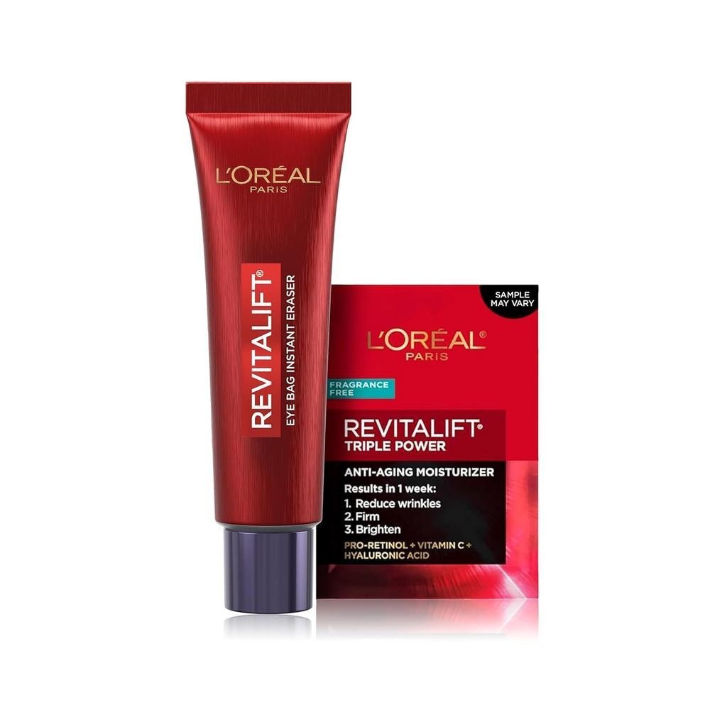 LOreal Paris Revitalift Three-Effect Eye Bag Instant Relief Cream, Eye Firming Care, 0.5oz+Trial Pac