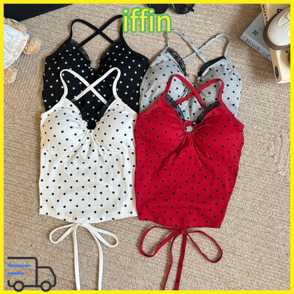 IFFIN Polka Dot ผ้าฝ้าย,สปาเก็ตตี้ V คอออกแบบ Crop Vest Tops, แฟชั่นลูกไม้ Cross Backless Ropa Mujer
