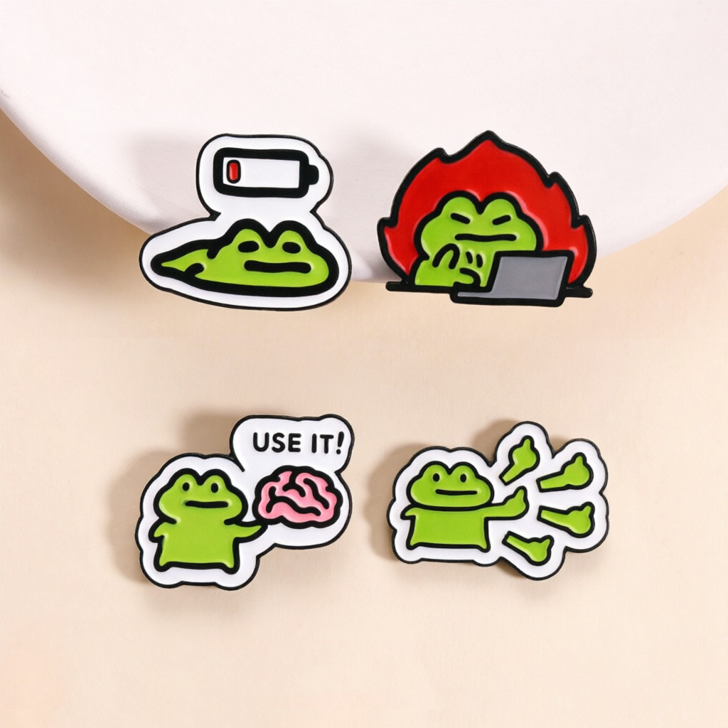 Creative Overworked กบเข็มกลัดแบตเตอรี่ต่ําตลก Meme กบ Lapel Pin เหมาะสําหรับพนักงานออฟฟิศและนักเรียน Expressing Burnout Vibes