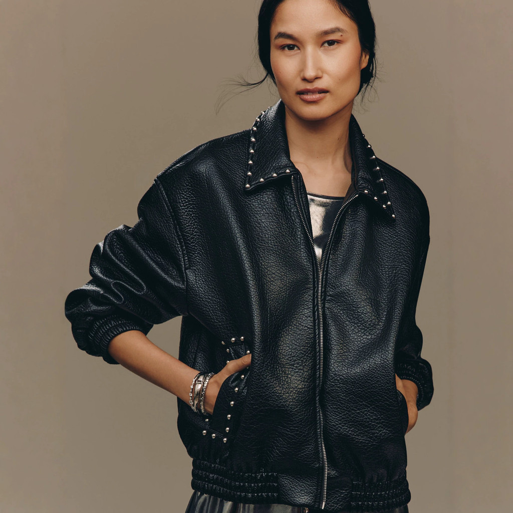 Rivet Lapel Zipper Bomber Jacket ผู้หญิง Street Distressed Faux หนัง Outline Jacket