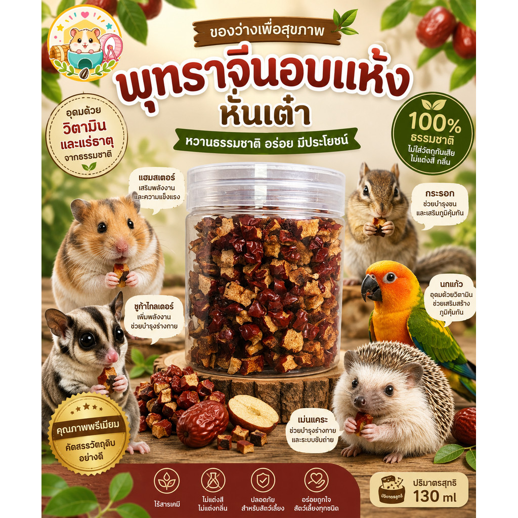 Hamster.lover พุทราจีนอบแห้ง เกรดคนทาน (130ml) หอม หวาน อร่อย - ของว่างมีประโยชน์สำหรับสัตว์เลี้ยง