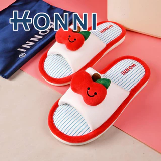 KONNI รองเท้าแตะแฟชั่น รองเท้านิ่ม หญิงน่ารัก บ้านผ้าฝ้ายผ้าลินินผ้าลินิน รองเท้าใส่ในบ้าน ลายแอปเปิ้ล