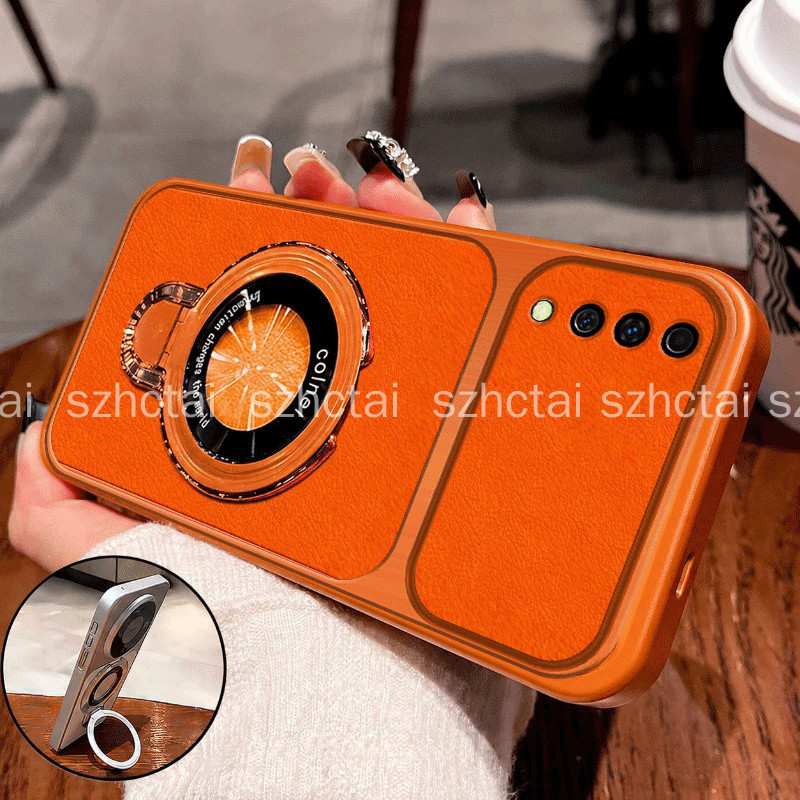 สําหรับ Samsung A50 A30S A50S หรูหราลิ้นจี่หนัง PU เคสโทรศัพท์พร้อม Electroplated แหวนพับขาตั้งกันกระแทกเลนส์ป้องกันนุ่มปกหลัง