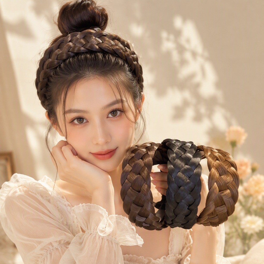 ที่คาดผมวิกผมถักกว้างสําหรับผู้หญิงหนาผมปลอมวงดูธรรมชาติเครื่องประดับแฟชั่น