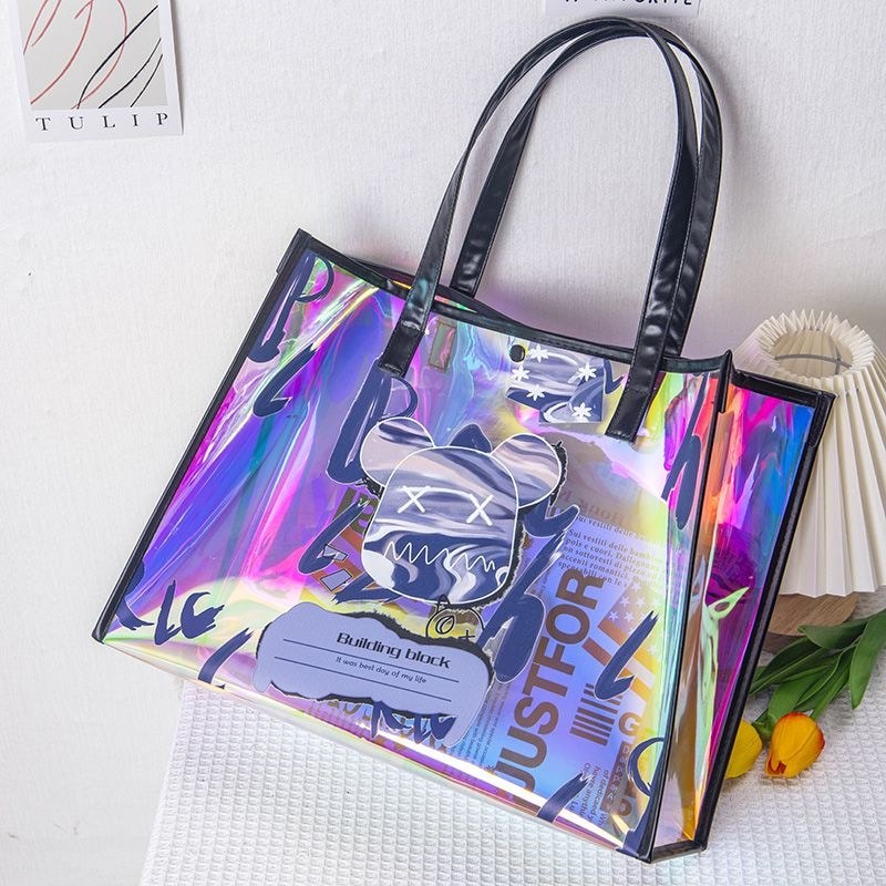 Pvc Colourful Tote Bag Laser Jelly Bag Violent Bear Cartoon High#pvc炫彩手提袋镭射果冻包暴力熊卡通高