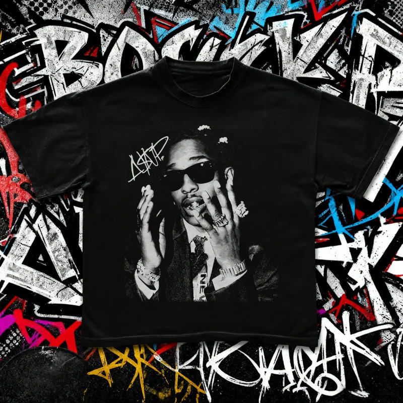 เสื้อยืดเรโทร ASAP Rocky สินค้าของ Rocky เสื้อยืดแร็พระบายอากาศ เสื้อยืดเรโทรสำหรับทุกเพศ เสื้อยืดระ