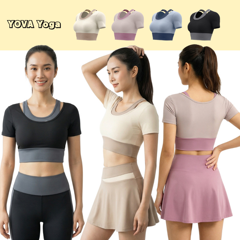 เสื้อออกกำลังกายผู้หญิง โยคะแขนสั้น เสื้อบราแขนสั้น แบบ 2 ชั้น สีทูโทน Sport Yoga Clothing Women Lady รูปที่ 1