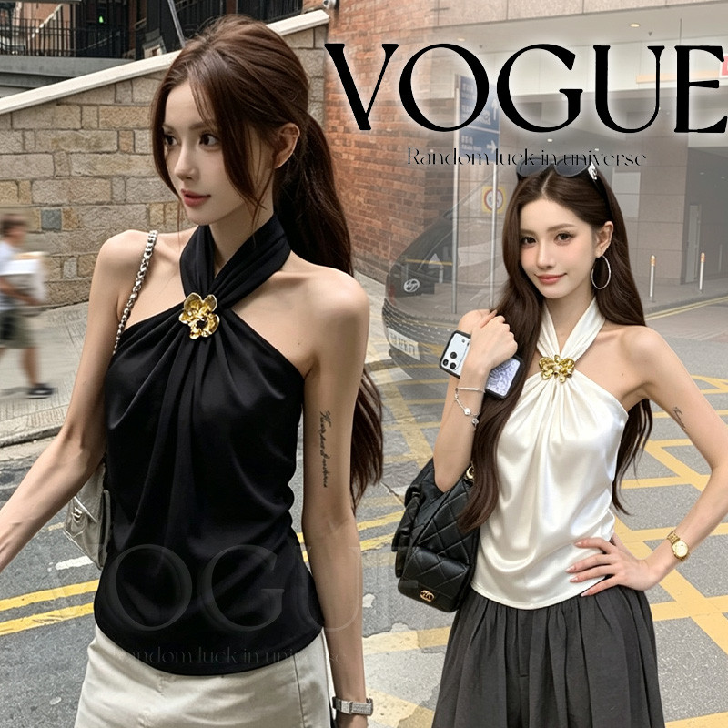 Vogue🌟พร้อมส่ง🌟 เสื้อยืดคล้องคอ ดีไซน์จับจีบแต่งอะไหล่ทอง ทรงสวยสไตล์เรียบหรู ใส่ได้ทุกวันทุกโอกาศ (FY5245)