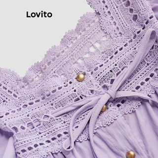 Lovito วันหยุด เสื้อเบลาส์ สีพื้น คอระบาย สไตล์ สำหรับผู้หญิง L121MD622