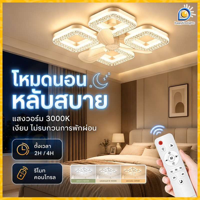 3 in 1 โคมไฟพัดลม LED 3 สี 3 ระดับลม รีโมทคอนโทรล ตั้งเวลาได้ ถอดใบพัดทำความสะอาด ใช้กับ E27 ไฟเพดานพัดลม LED