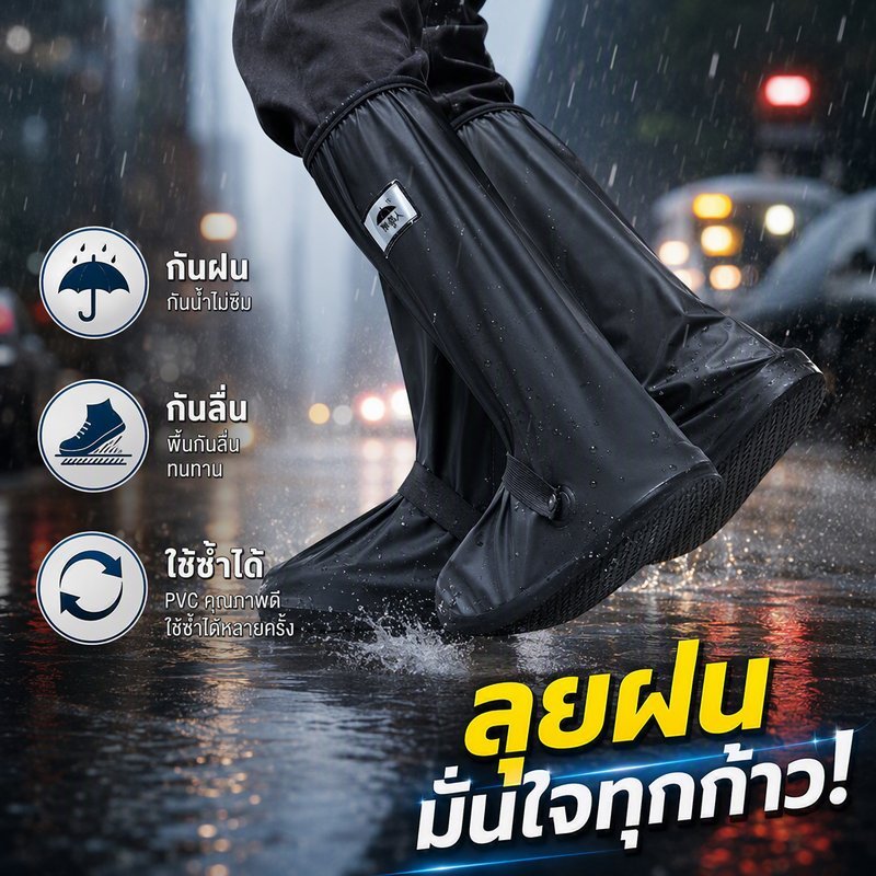 ถุงคลุมรองเท้ากันน้ำ บูทยาว PVC กันฝน กันน้ำท่วม พื้นยางกันลื่น พับได้ สำหรับขี่มอเตอร์ไซค์