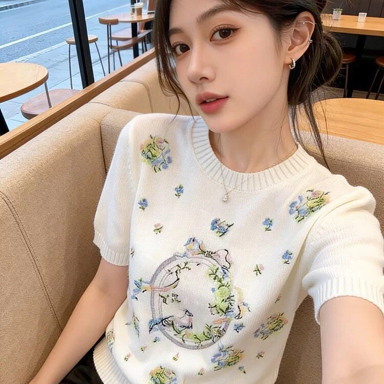 8EHC ฝรั่งเศสหวานสไตล์รอบคอแขนสั้นเสื้อกันหนาวผู้หญิงฤดูใบไม้ผลิฤดูร้อนสไตล์ใหม่พิมพ์ออกแบบ Niche Sl