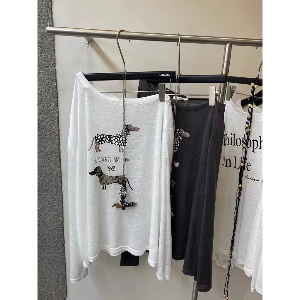 Milyfashion หลวมขนาดใหญ่ Spotted สุนัขพิมพ์เสื้อยืดแขนยาวฤดูร้อนคอแบนหลวม Lazy Light ครีมกันแดดโปร่ง
