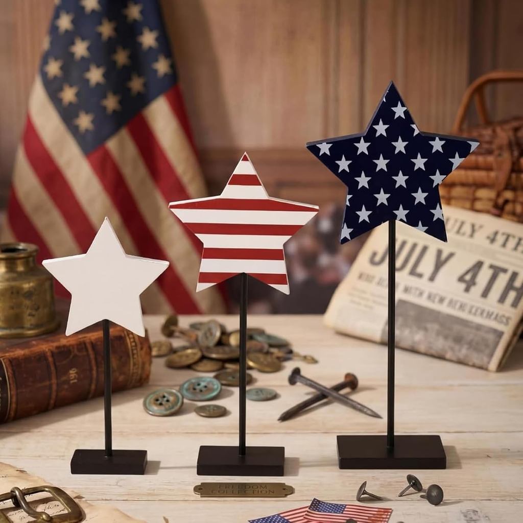 FairySandy 3 ชิ้น 4th of กรกฎาคมตกแต่ง Star ป้ายไม้ 250th Anniversary ไม้ Centerpiece ตกแต่งตาราง Fr