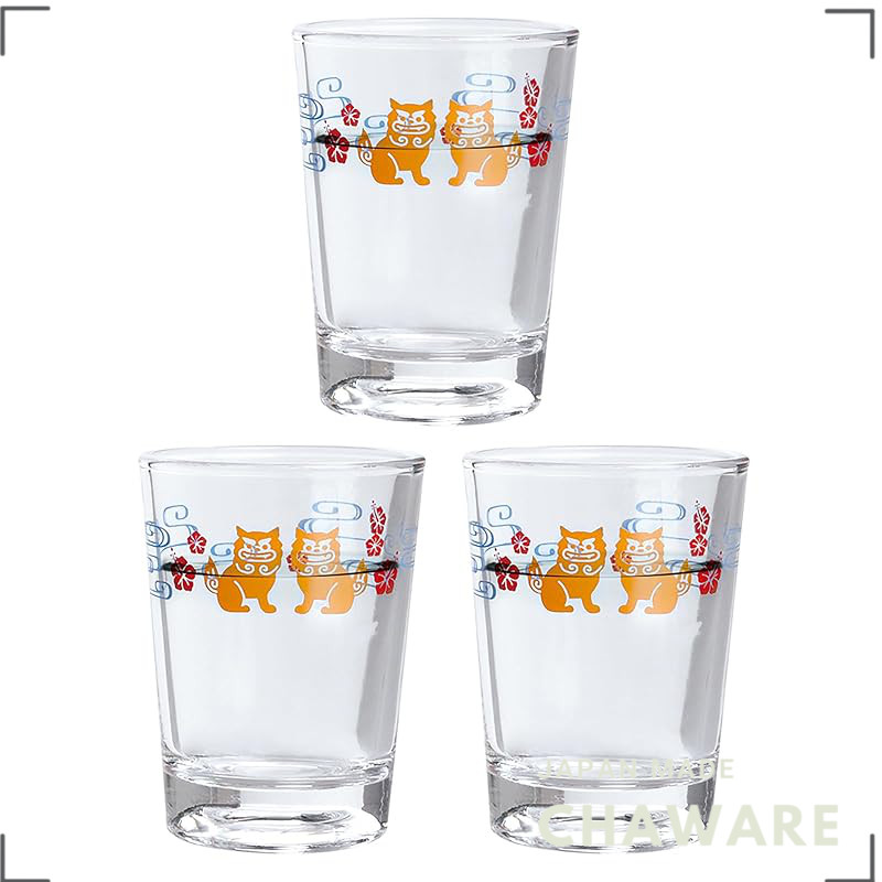 Toyo Sasaki Glass Sake Cups 90ml Set of 3 - Shisa Pattern Ochoko, Made in Japan, Dishwasher Safe