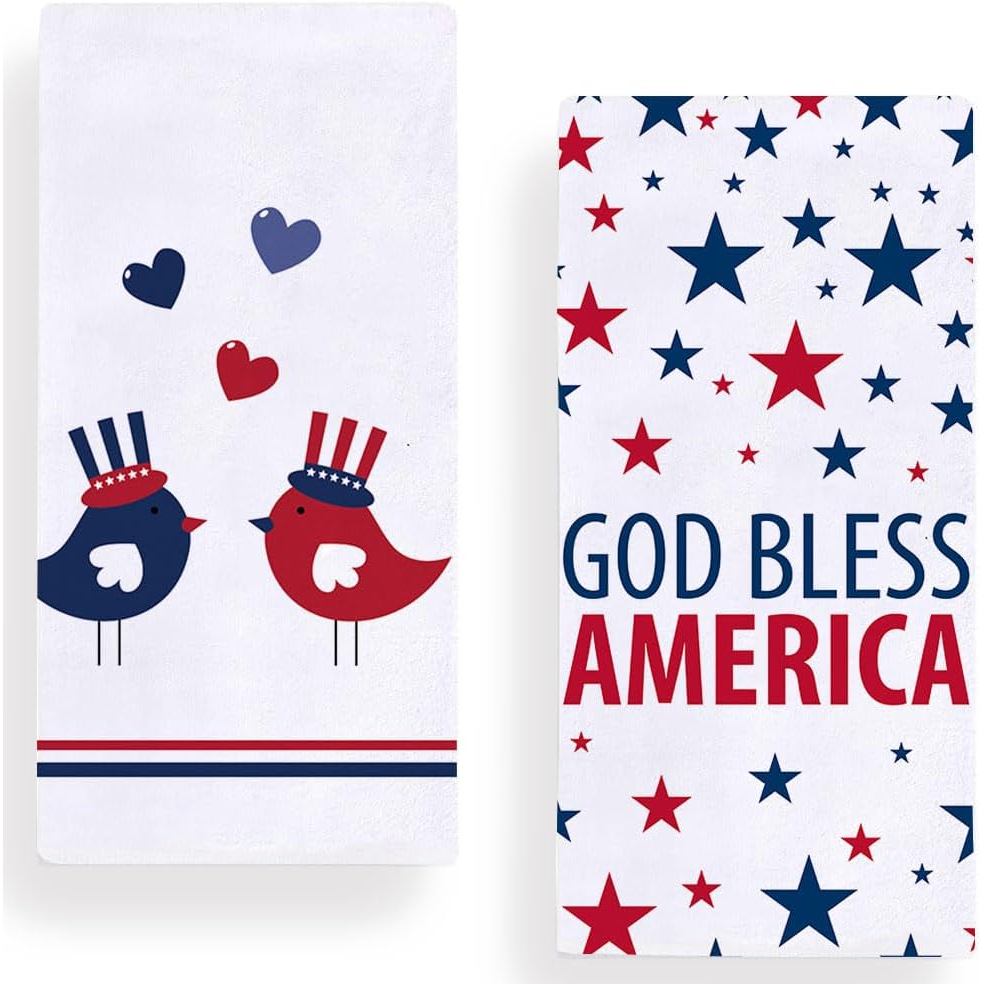 Secarond God Bless America Birds Stars Kitchen Towel ผ้าเช็ดจาน, Patriotic 4th of July Memorial Day 