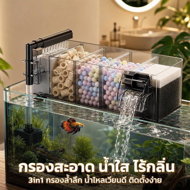 ที่กรองน้ำตู้ปลา แบบแขวน 3in1 ระบบกรอง 5 กริด น้ำตกเพิ่มออกซิเจน เงียบ ประหยัดไฟ