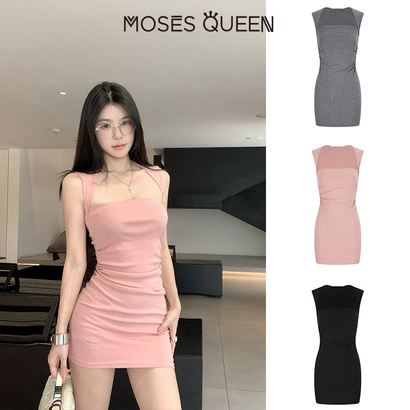 MOSESQUEEN มอสเนสควีน เดรสแขนกุดคอเหลี่ยมแต่งระบายหรูหราเอวหยิกดีไซน์เข้ารูปลดอายุกระโปรงสั้นเซ็กซี่บริสุทธิ์พร้อมรอบเอวลู่หา #63811