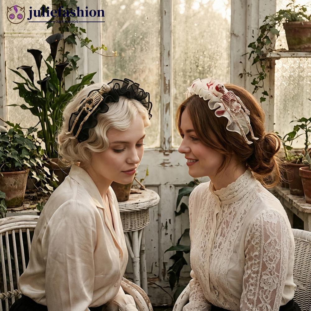 JULIEFASHION กว้าง Brim Fluffy ตาข่าย Gothic แถบคาดศีรษะ, Ruffle Lace 3D Skeleton Skull ผม Hoop, Dar