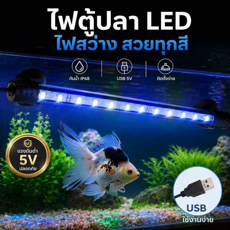 หลอดไฟดำน้ำสำหรับตู้ปลา ไฟส่องสว่าง แรงดันต่ำ USB ไฟกันน้ำ ตู้ปลาแบบคู่แถวสีน้ำเงิน-ขาว 110V