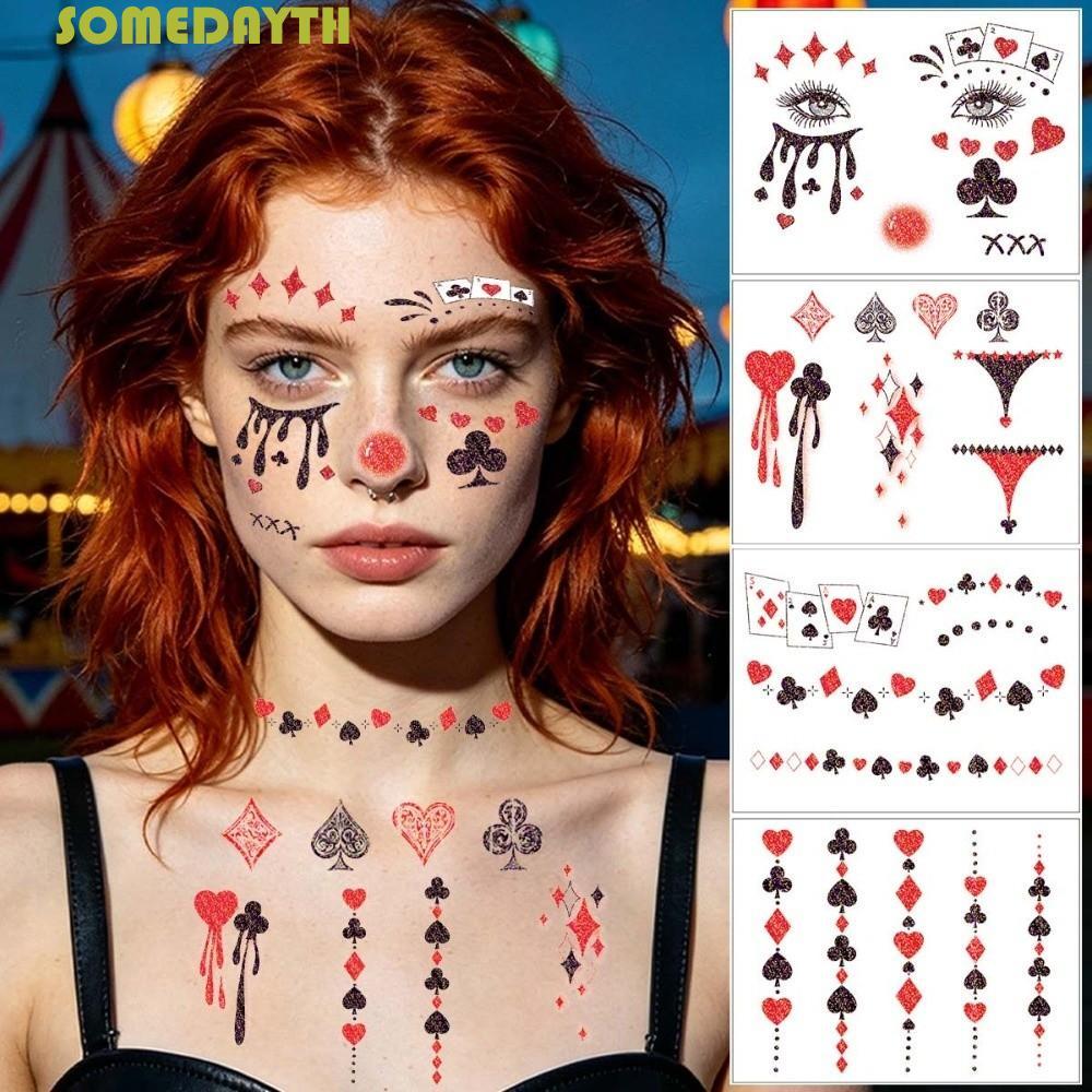 SOMEDAY 4 ชิ้นฮาโลวีน Joker Tattoo สติกเกอร์, Glitter Joker กันน้ํา Joker Blush รอยสักชั่วคราว, สมจร