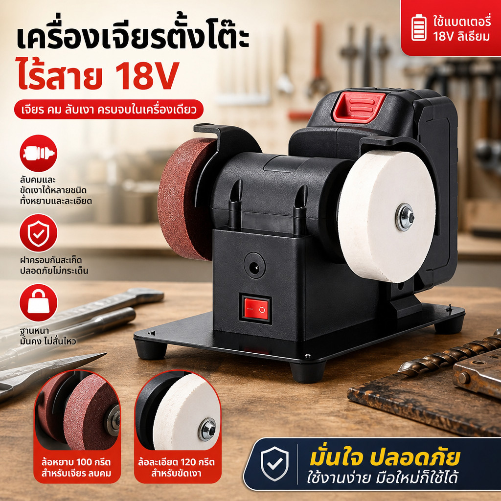 เครื่องเจียรไฟฟ้าไร้สาย ฐานกันลื่น-มีฝาครอบกันกระเด็น 18V เจียรหยาบ-ขัดละเอียด ใช้งานง่าย