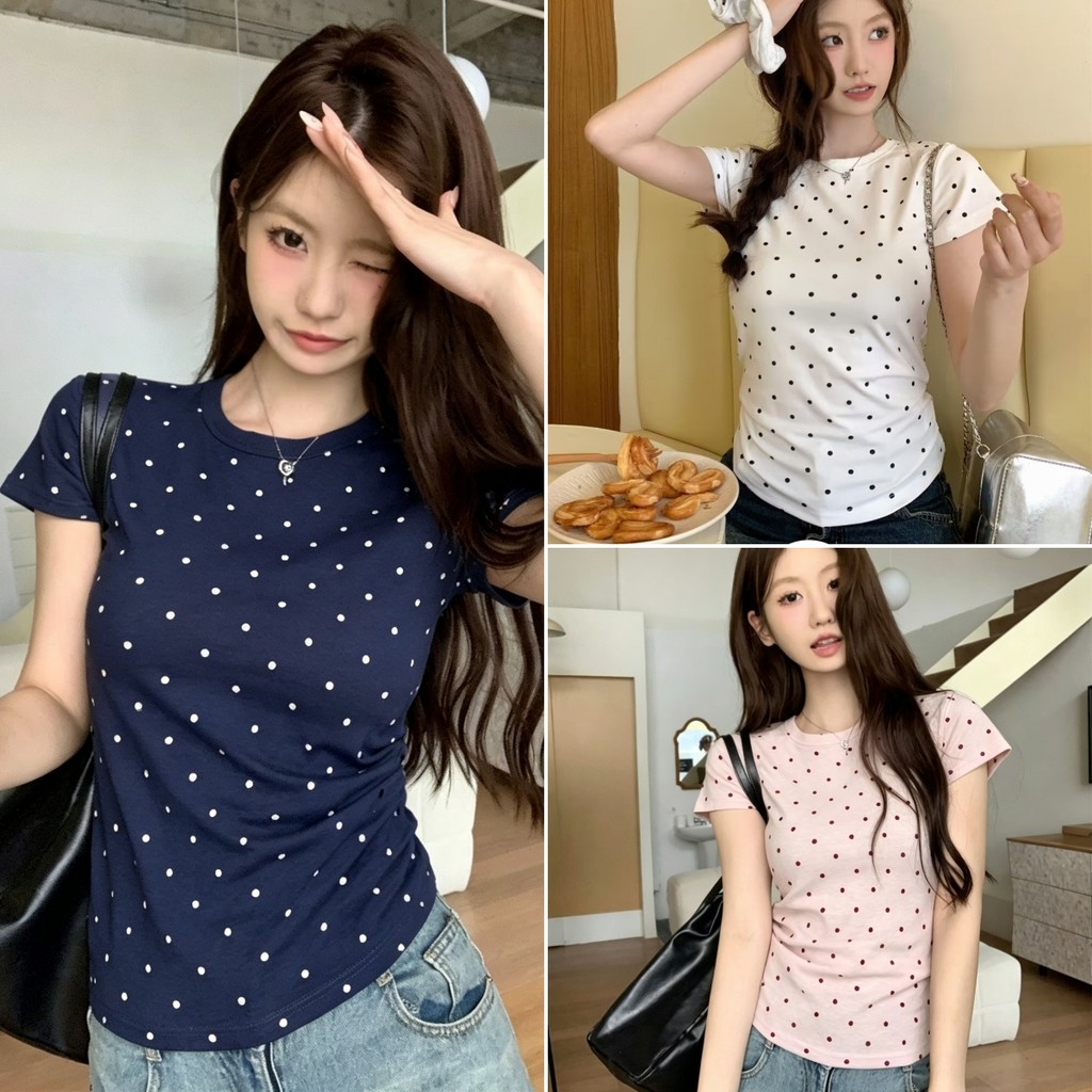 Bella Shop เสื้อยืดแขนสั้นลายจุดผู้หญิง คอกลม ทรงกระชับ เสื้อสั้น สไตล์สาวแซ่บ