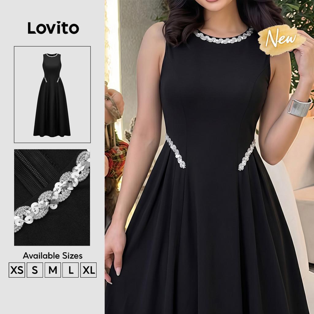 (New Arrival) Lovito เดรสผู้หญิงสีดําประดับเพชรพลอย สไตล์เรียบหรู สําหรับฤดูใบไม้ผลิและฤดูร้อน LK4ED
