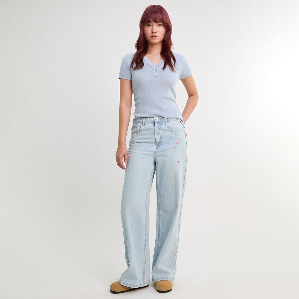 [Pomelo] กางเกงยีนส์ขายาวทรงกว้างประดับเพชร / Rhinestone Mid Waist Wide Leg Jeans — صورة 7