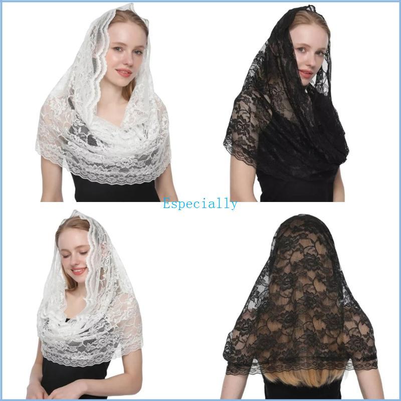 ESP Vintage ลูกไม้ดอกไม้ Veil Latin Mass Headscarf Headcovering เจ้าสาว Veil Church Veil Elegant งาน