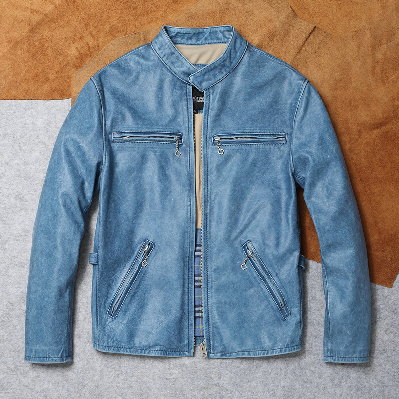 American Retro Distressed Leather Jacket Unpainted Oil Wax Cowhide Men Stand Collar Motorcycle Leath