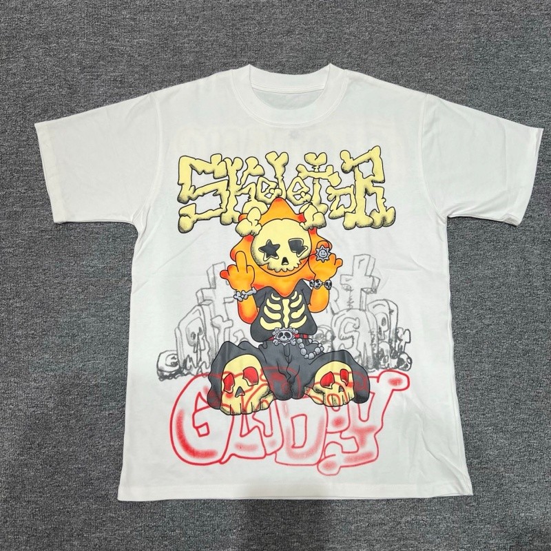 พร้อมส่ง เสื้อยืดผู้ชาย Y2K ลายกราฟฟิตี้โครงกระดูกพระอาทิตย์ พิมพ์ตัวอักษร GloGang โอเวอร์ไซส์ สตรีท