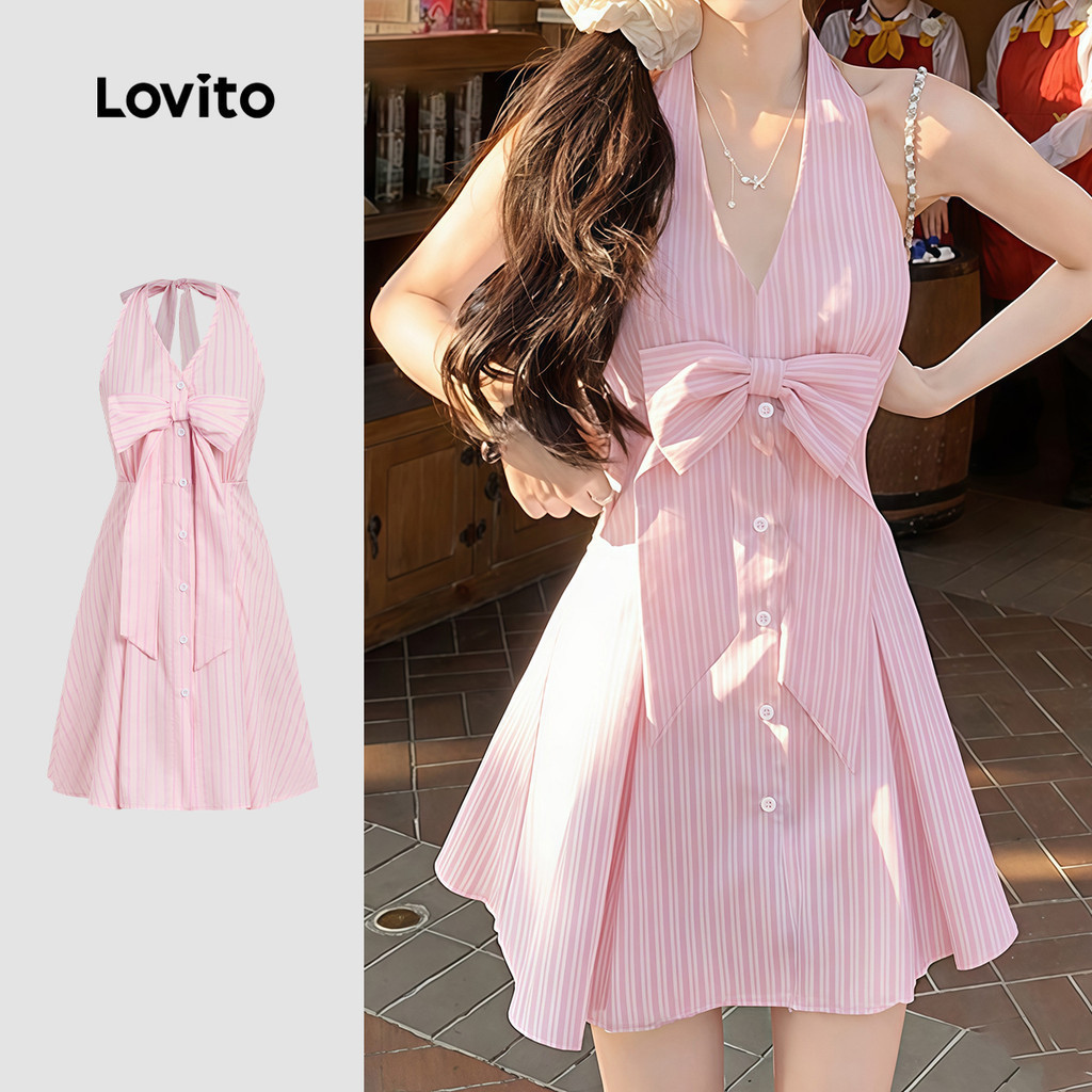 Lovito เดรสแคชชวลผูกโบว์สีชมพูสำหรับฤดูใบไม้ผลิ/ฤดูร้อนสำหรับผู้หญิง เกาหลี อินเทรนด์ เดรสเที่ยวเขา L179AD086