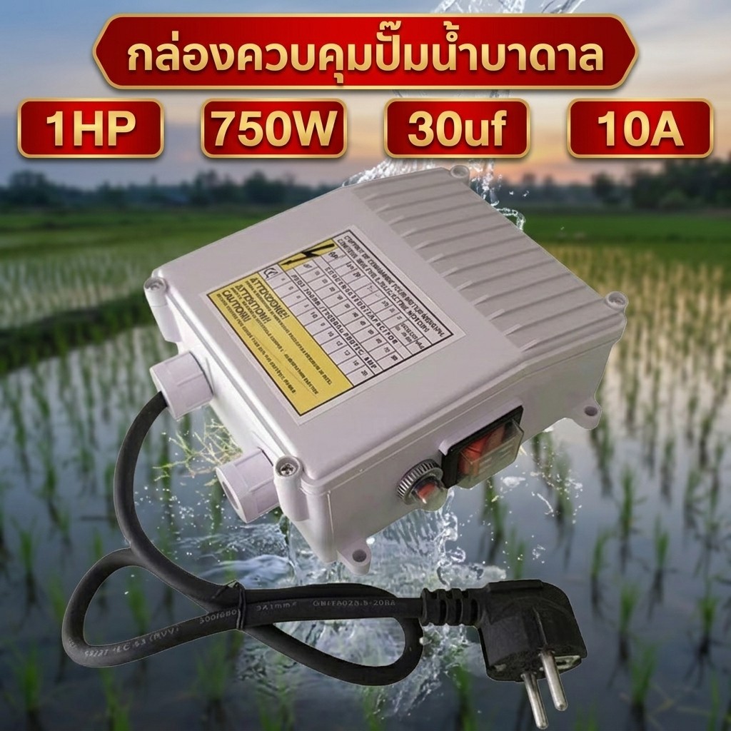 กล่องควบคุมปั๊มบาดาล 1 แรงม้า (1HP / 750W) กล่องสวิตช์ควบคุมปั๊มน้ำ คาปาซิเตอร์ 30uf เบรกเกอร์ 10A ก