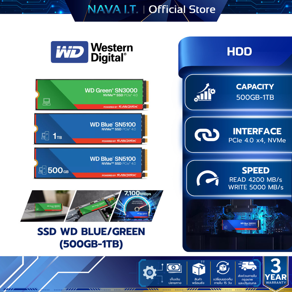 WD SSD (เอสเอสดี) WD BLUE/WD GREEN 500GB-1TB WARRANTY 3 YEARS