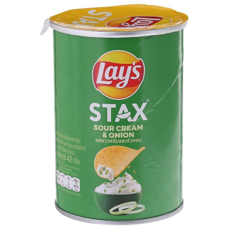 เลย์สแตคส์มันฝรั่งทอดกรอบแผ่นเรียบรสซาวครีมและหัวหอม 42ก Lays Stax Sour Cream Onion 42g [หมายเลขบาร์โค้ด 8850718816064]
