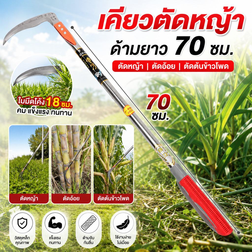 เคียวทำสวนแมงกานีส 70cm คมกริบ ด้ามจับยาง เคียวเกี่ยวหญ้า เคียวเกี่ยวข้าว มีดถางหญ้า น้ำหนักเบา