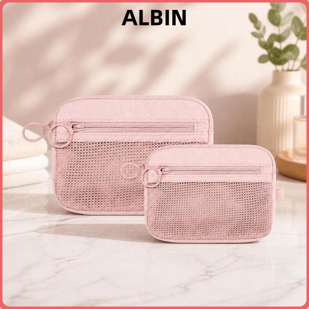 ALBIN Travel Organizer,Double Layer Pink Mesh Storage Pouch, Zipper Nylon Portable Cosmetic Bag for 