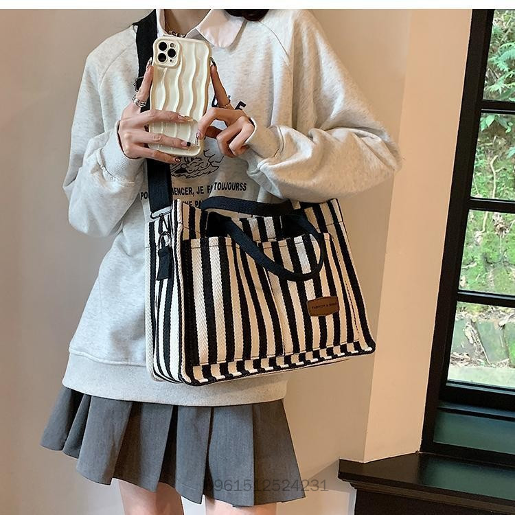 Striped Canvas Bags for Women - Fashionable Spacious Shoulder Bags